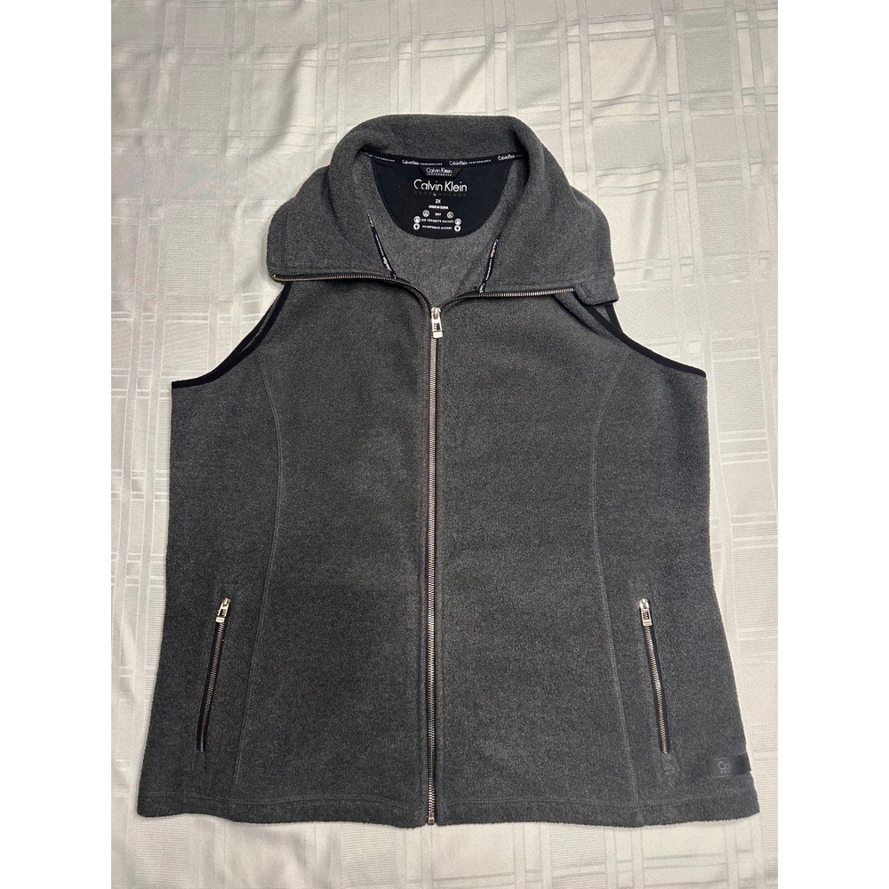 Calvin Klein Vest Womens 2X Grey Performance Full Zip Fleece Mock Neck Pockets